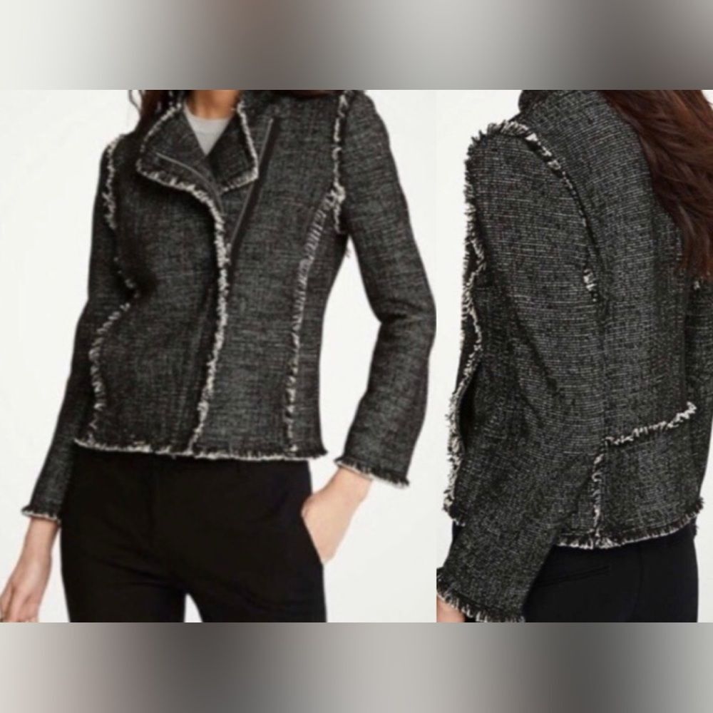 New Ann Taylor Black Tweed Fringe Asymmetrical Zip Moto Jacket Blazer - Picture 1 of 9